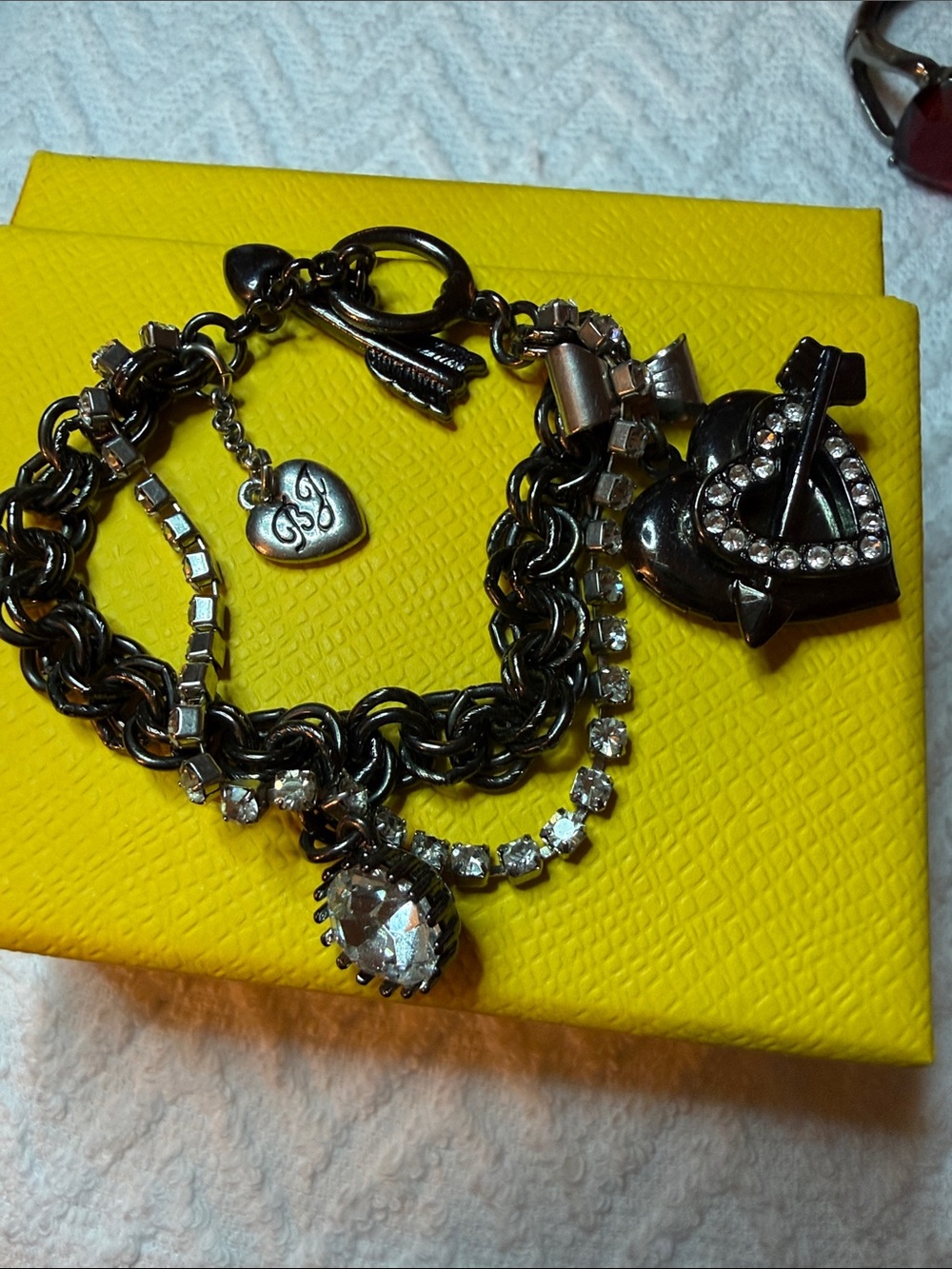 Betsey Johnson Gunmetal Heart Lochet & Crystal Charm Bracelet